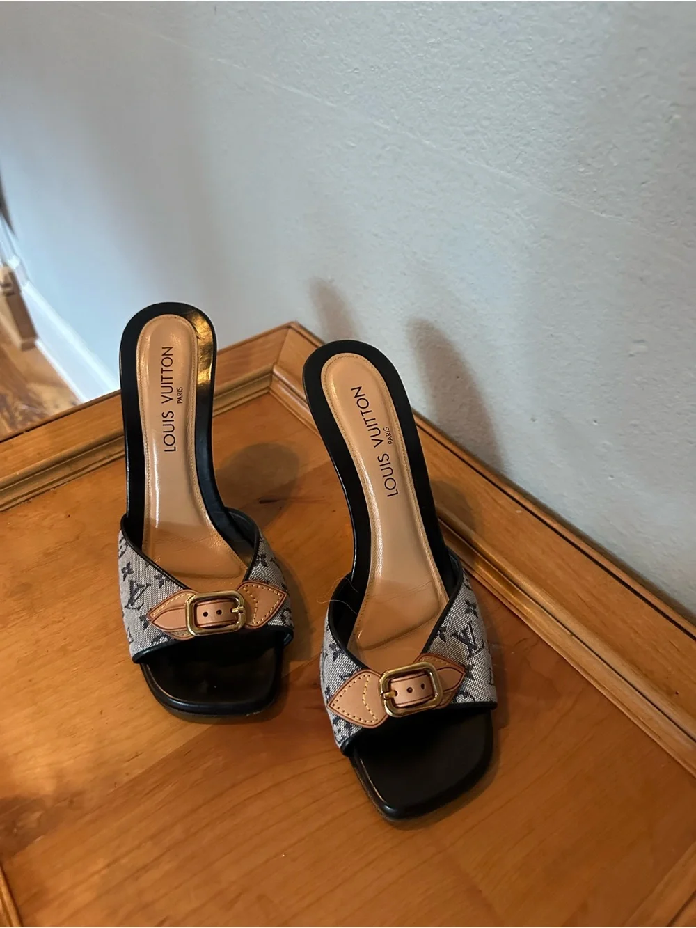Louis Vuitton Black, Tan & Gray Monogram Denim Buckle Mules